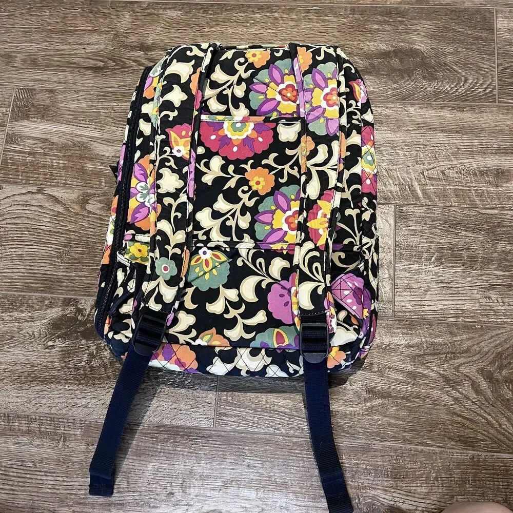 Vera Bradley Retired Suzani Floral Quilted Backpack Black Geometric Bag School